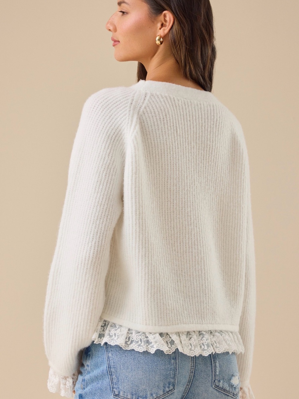 Altar'd State Ivory Lace-Trim V-Neck Cardigan - Picture 4 of 8